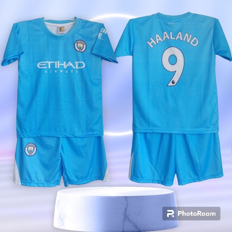 setelan Jersey M.CITY HAALAND/SETELAN BAJU BOLA ANAK LAKI LAKI/GRATIS SABLON NAMA DAN NOMER PUNGGUNG JERSEY M.CITY SIZE XL UMUR 10-11 THN