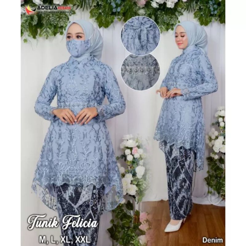 SETELAN KEBAYA TUNIK FELICIA MIX ROK PLISKET BATIK PANJANG DEWASA / BAJU KEBAYA MUSLIM MODERN / SET 