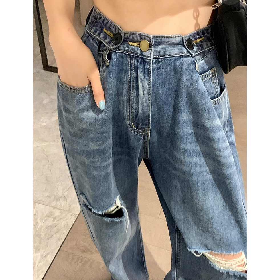 Biru Retro Highwaist Robek Celana Jeans Wanita Loose