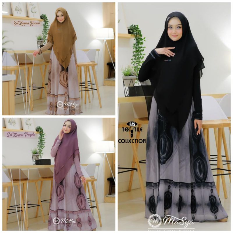 Set Gamis Dress Ceruty Babydoll Syari Branded Printing Hitam - Coklat - Black - Purple - Brown Mewah