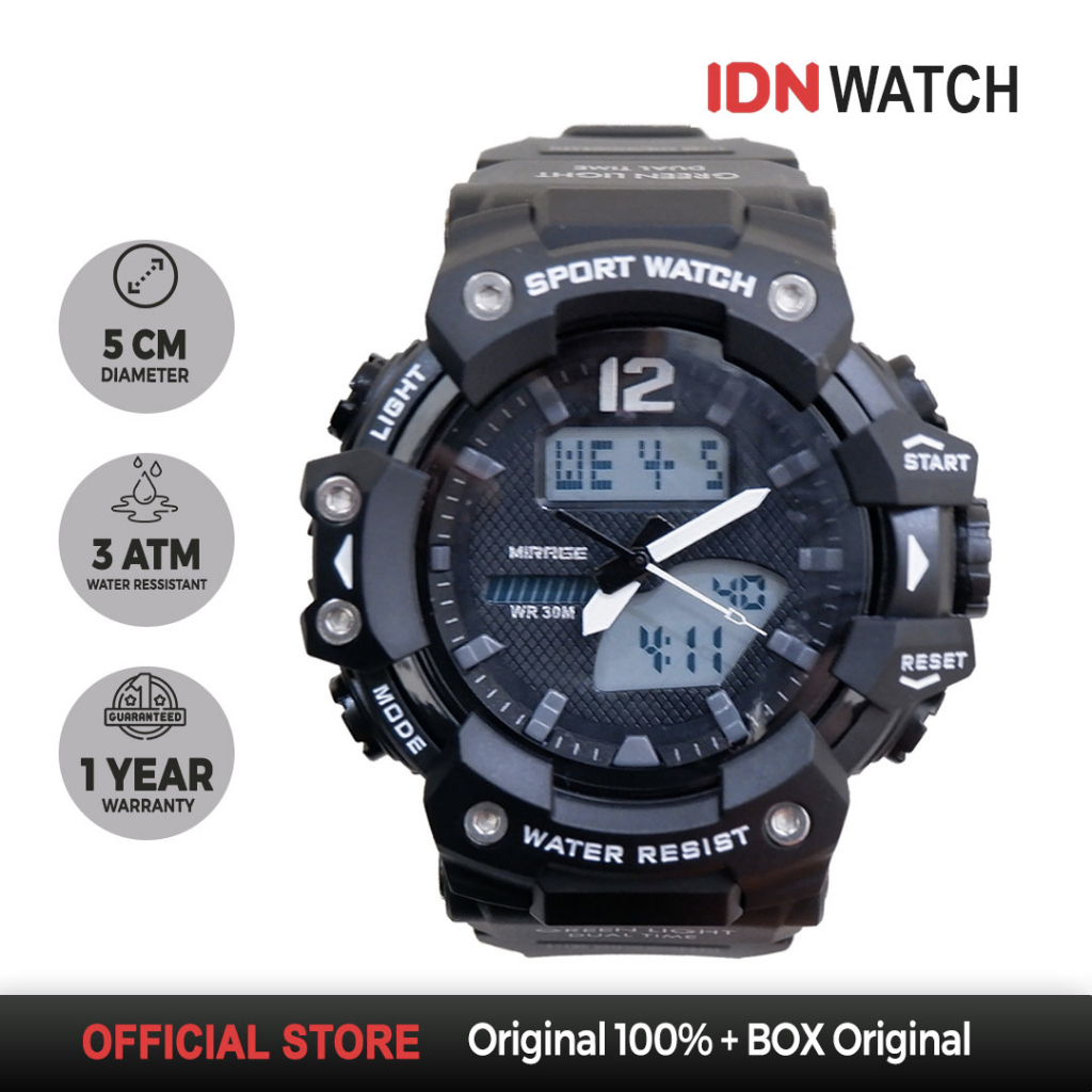 Jam Tangan Mirage Pria Sporty Dual Time Mirage Watch Original Hitam Water Resist 3ATM 1173 M