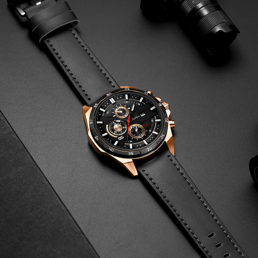 Sunlifex Jam Tangan Pria 9091 Kuarsa Tali Kulit Olahraga Mode Kalender Jam Tangan Cowok-6