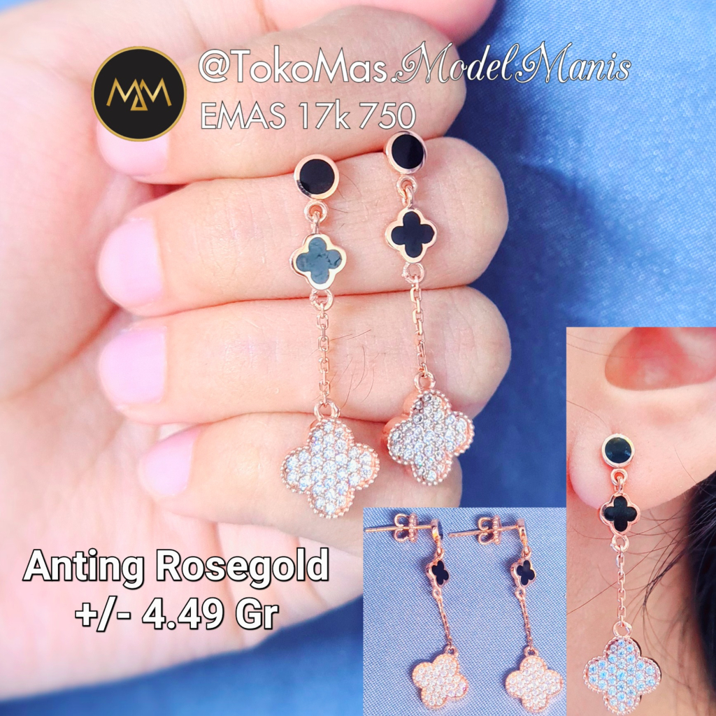 Anting Italy panjang van cleef emas putih rosegold kadar 750