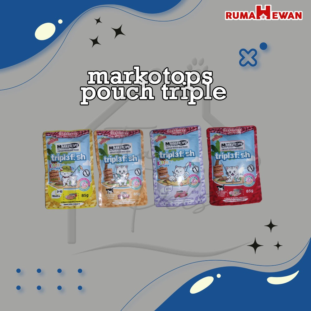 Markotops pouch triple fish 85gr. makanan basah kucing kitten &amp; adult