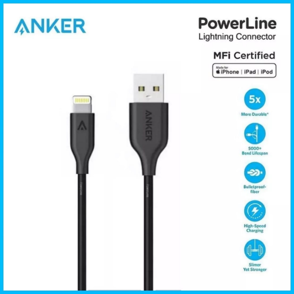 Kabel Data Anker PowerLine Lightning Usb 3ft / 0.9m High Speed Compatible with 13 Pro MAX / 11 Pro / Xs Max / XR / X / 8 / 7 / 6S / 6 / iPad and More