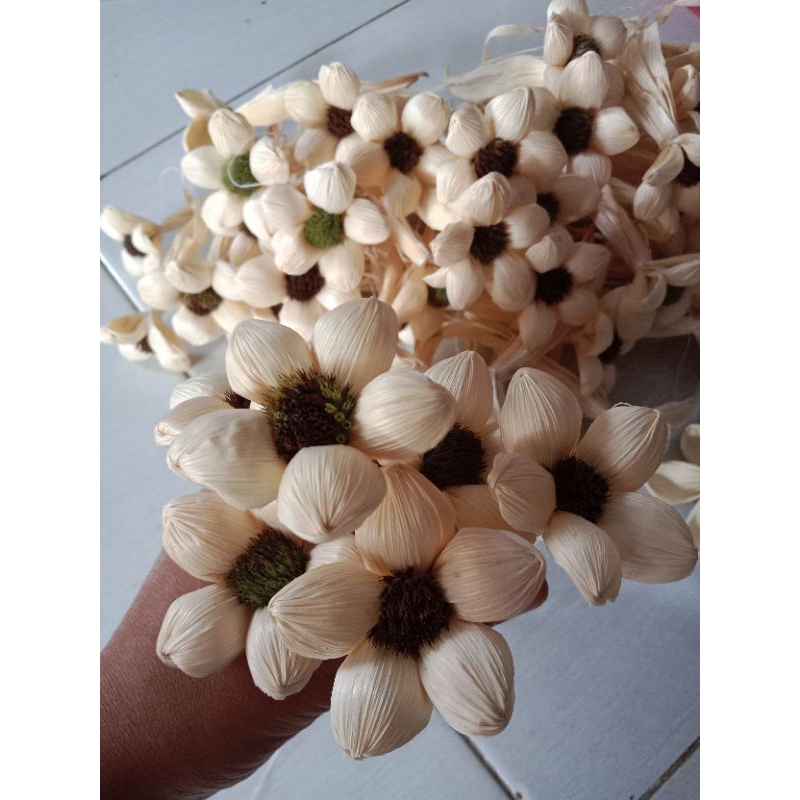 bunga klobot kulit jagung/ bunga kering/ bunga hiasan mahar/ bunga hampers (bunga melati pompom)