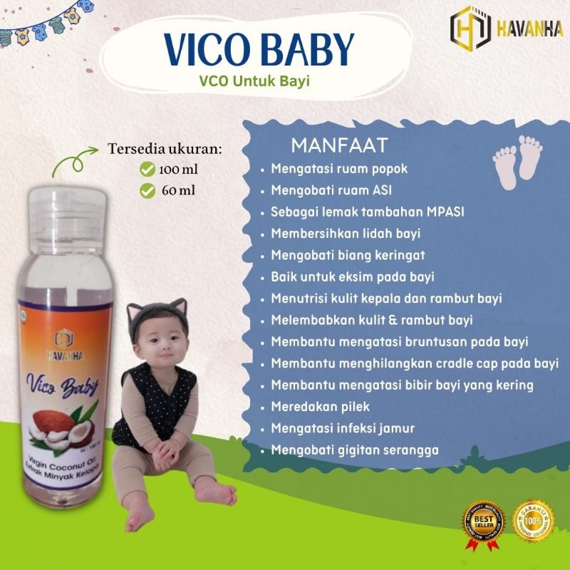 HAVANHA VICO BABY Obat Gatal - Biang Keringat - Ruam Popok - Cradle Crap - Alergi - VCO BAYI Virgin Coconut Oil Extrak Minyak Kelapa