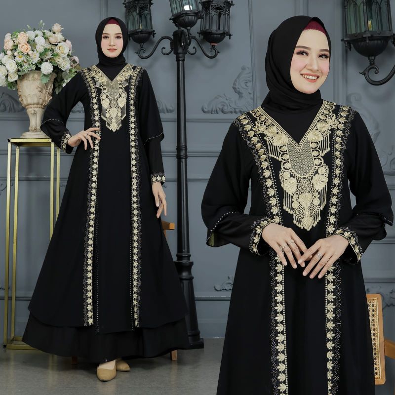 GAMIS ABAYA TURKEY BORDIR V GOLD ELEGANT MEWAH