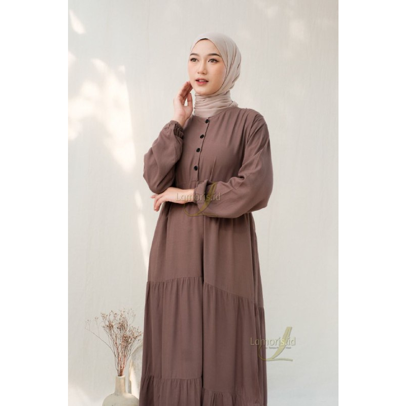 Kirania Gamis Rayon Polos Kancing Depan Midi Dress Muslim Terbaru Kekinian Fashion Wanita