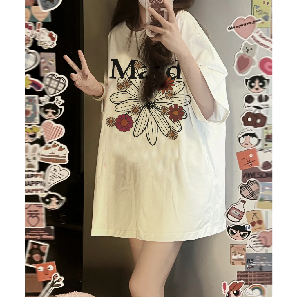 EUNII T-shirt Lengan Pendek Vintage Flowers Korean Style/Kaos Atasan Wanita/Baju Kaus Oversize Wanita/Kaos Wanita