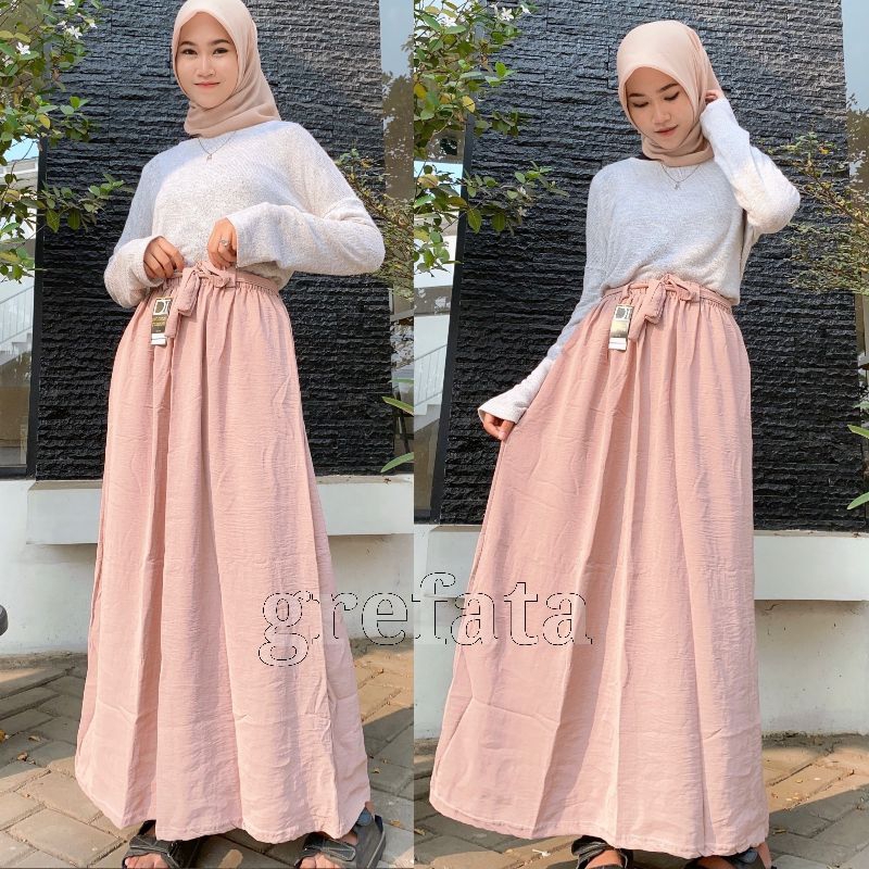 Rok A-Line Crinkle Airflow Premium Pinggang Tali Sabuk / Anrok Crincle Model Lebar Terbaru Kekinian Size Reguler Standar Jumbo Bb 45kg Sampai Bb 75kg / Rok Onder Wanita Murah Bagus Berkualitas / Grefata