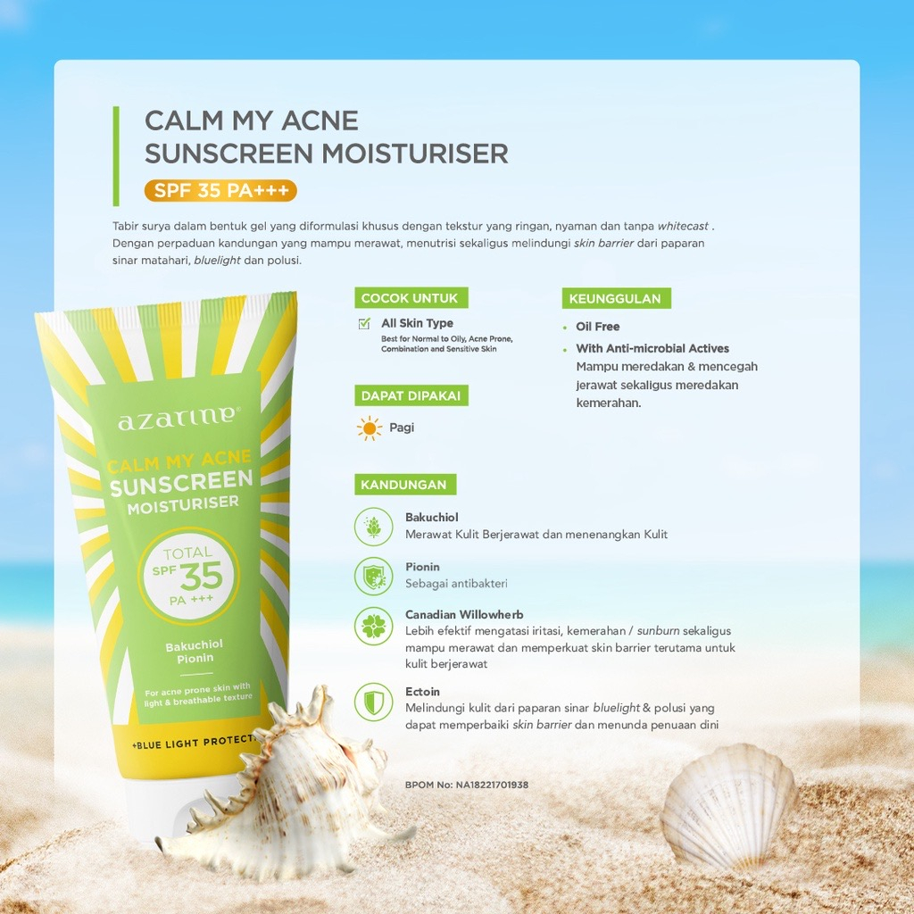 Azarine Calm My Acne Sunscreen Moisturiser SPF35 PA+++ 40ml Sunscreen Wajah Untuk Berjerawat