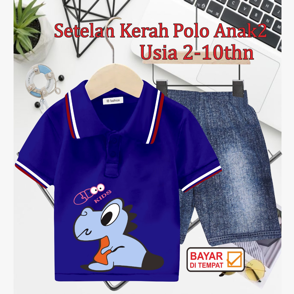 ((IB))SETELAN ANAK2 KERAH POLO SEMI JEANS/DINO DIGITAL SABLON