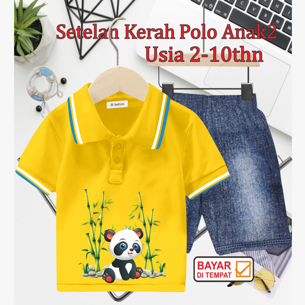 ((IB))SETELAN ANAK KERAH POLO SEMI JEANS/PANDA DIGITAL SABLON