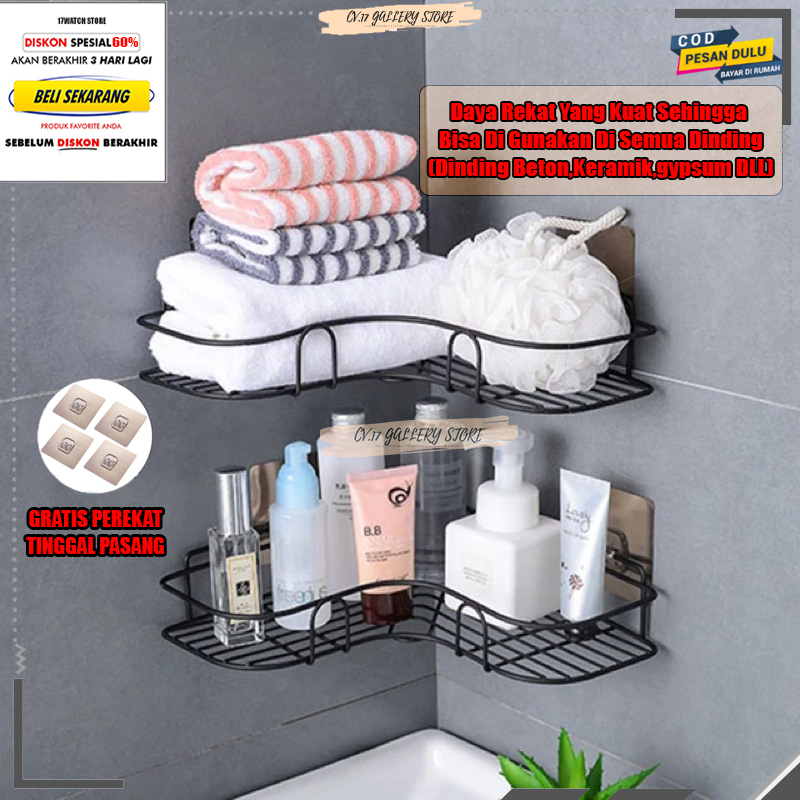 Tak Rak Pojok Sudut Tempat Sikat Gigi Sabun Cuci Baju  skincare Bumbu Dapur Peralatan Perlengkapan Dekorasi Kamar Mandi Keranjang Besi Gantung Dan Makeup Tempel Dinding Dingding Keramik Tanpa Paku Bor Stainless Anti karat Rumah Aesthetic Murah SerbagunA