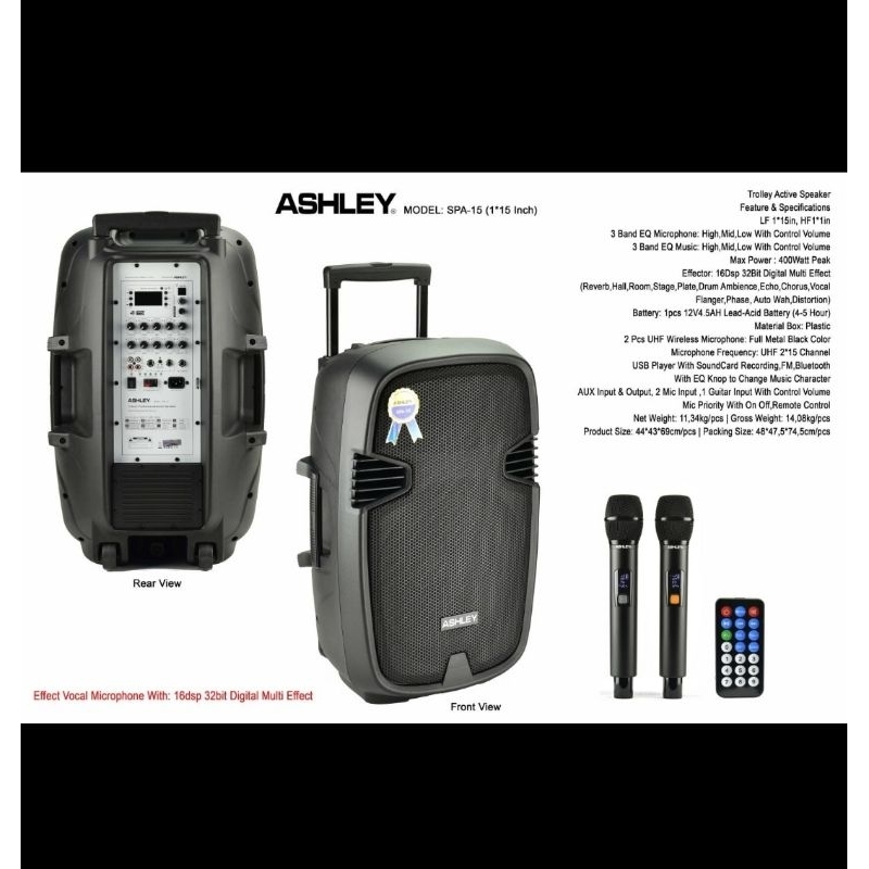 SPEAKER PORTABLE WIRELESS ASHLEY SPA15 SPA 15 15INCH BLUETOOTH ORIGINAL