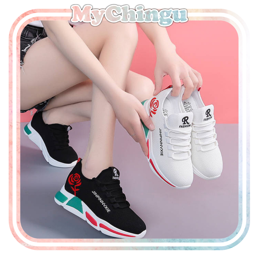 ❀ Chingu ❀ SEP025 (Tanpa Kotak) Sepatu Sneakers Wanita Putih Hitam Hijau Bunga Sporty Model Korea Fashion Casual Sport Olahraga Import COD