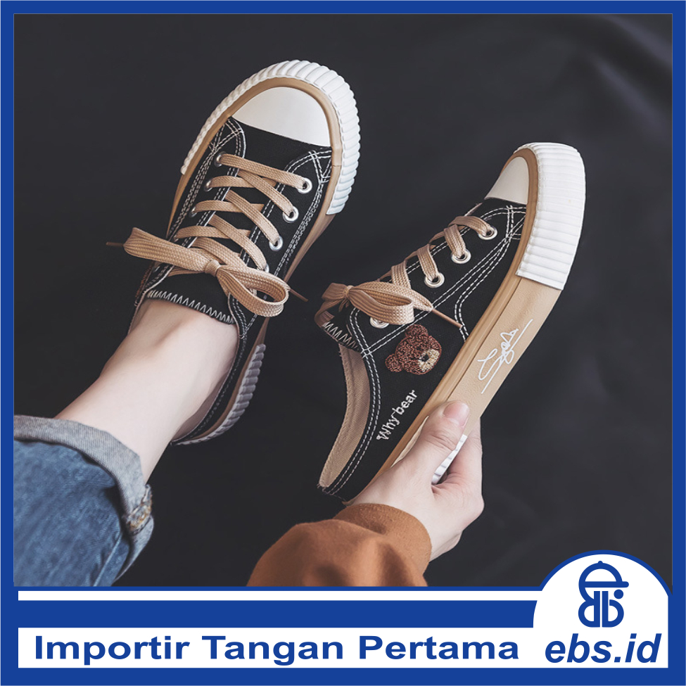 𝐄𝐁𝐒 ✅ COD SEP030 (Tanpa Kotak) Sepatu Sneakers Wanita Setengah Why Bear Kanvas Putih Sporty Model Korea Fashion Casual Sport Olahraga Import COD