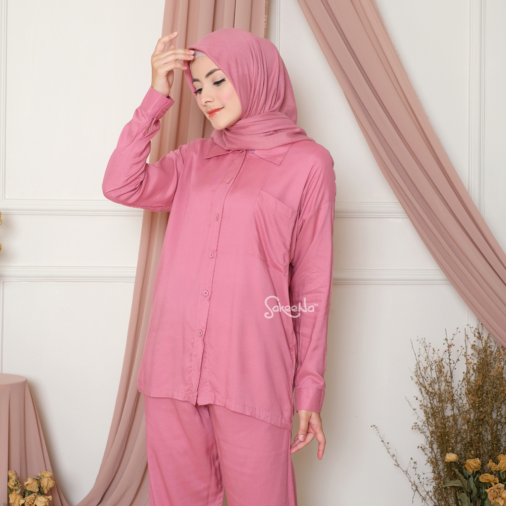 SAKEENA Pajamas Set Kemeja Dewasa Katun Rayon Polos Lengan Panjang