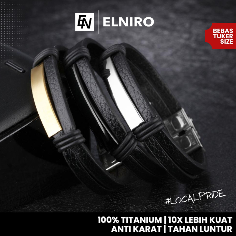 ELNIRO Gelang Kulit Pria GERLOFF Stainless Leather Hitam / Gelang Cowok Pria dan Wanita / Premium Rings for Men Women [GARANSI ORIGINAL 100%]