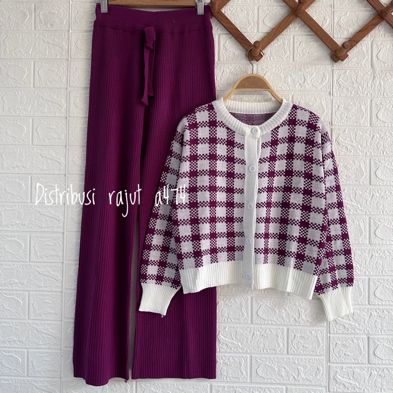 ONESET CARDI CROP MAY SETELAN CELANA RAJUT KULOT WANITA