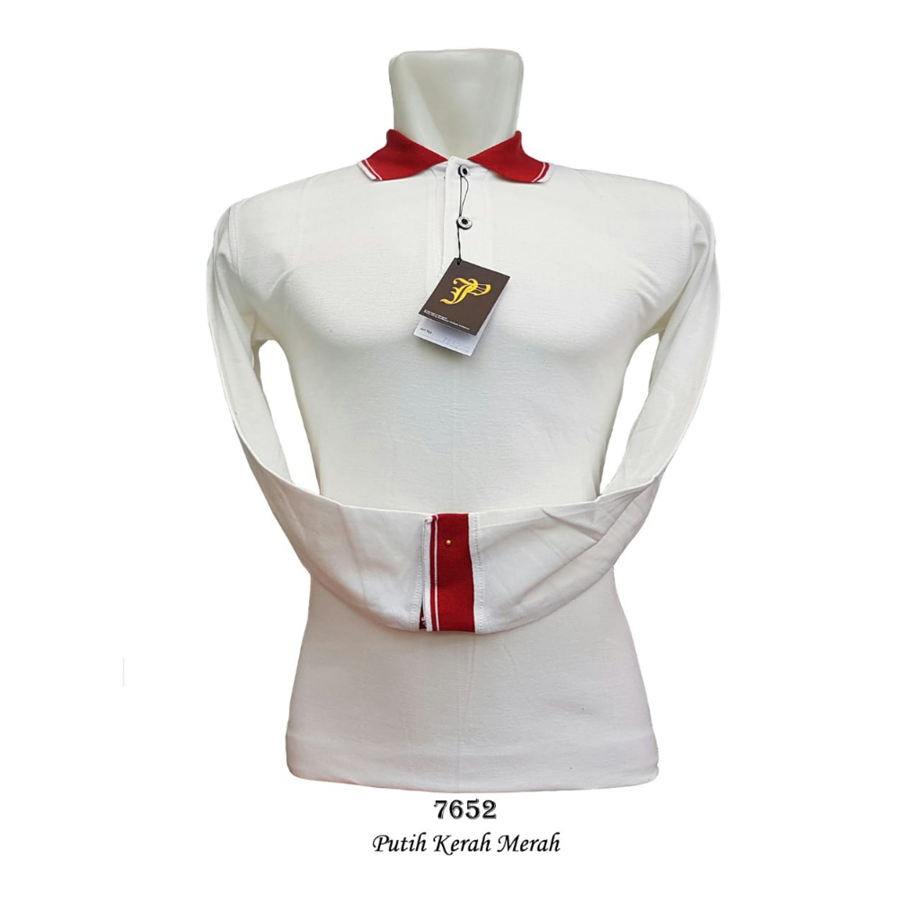 BAJU KAOS KERAH / BAHAN KATUN / LENGAN PANJANG / PUTIH KRAH MERAH PUTIH POLOS / WANGKI UNISEX