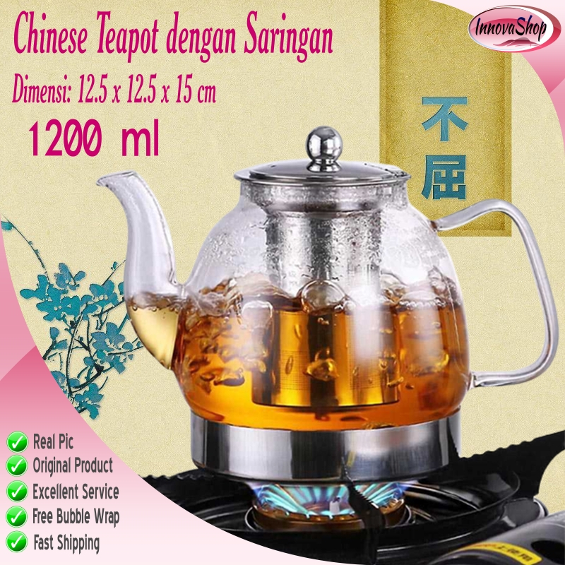 Teko Kaca Teh Chinese Teapot dengan Saringan Teko Kaca Tahan Panas 1200 ml