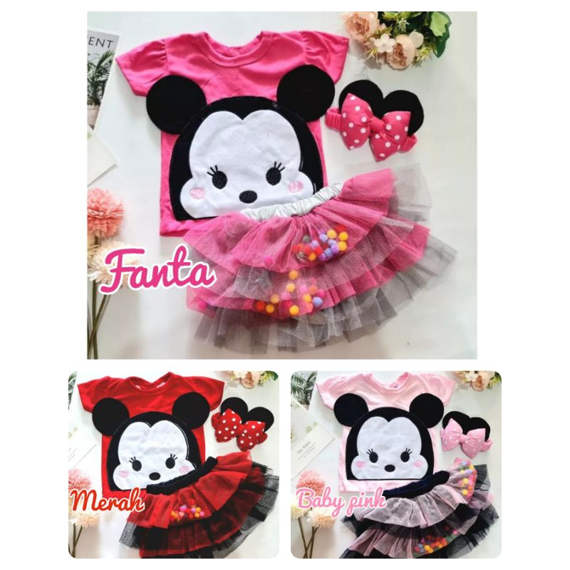 [0-18M] FREE BANDO !! Setelan Rok tutu gotik fashion anak bayi perempuan Pink Tutu TSUM TSUM POMPOM MINNIE MOUSE FREE BANDO/ hampers gift baby girl / setelan rok tutu bayi premium megar