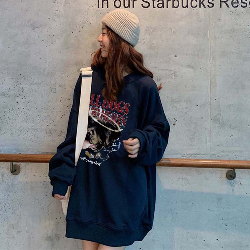 Kaos Stasan Wanita Oversize Sweater American Vintage Cartoon Graphic Dog Priting Top Kekinian Casual Sweater