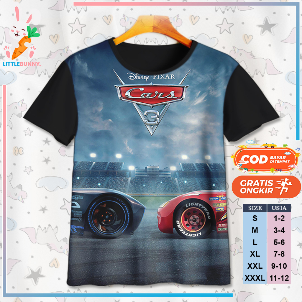 BAJU KAOS ANAK KARTUN 3D DISNEY CARS MCQUEEN V8 / KAOS ANAK 3D CARS MCQUEEN - LITTLE BUNNY