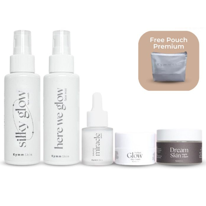 KYMMSKIN 5IN1 FREE POUCH PAKET SKINCARE LENGKAP GLOWING ( FACE WASH, FACE MIST , SERUM, DAY &amp; NIGHT CREAM )