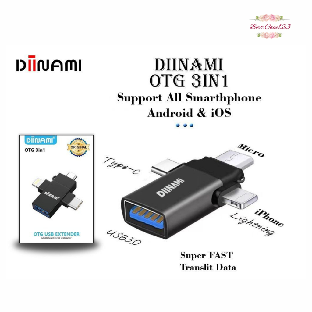 ￼DIINAMI OTG 3in1 Type-C Lightning (iPhone usb ) Micro USB Type C Android Apple iPhone iPad Multi Devices BC8033