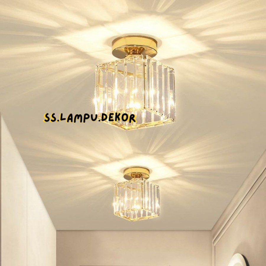 LAMPU PLAFON KOTAK KRISTAL MINIMALIS TEMPEL GOLD RUANG TAMU CELLING