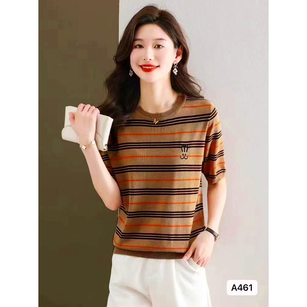 Wina Tshirt Stripes Knit - Atasan Kaos Rajut Garis Garis Wanita - TM (A461)