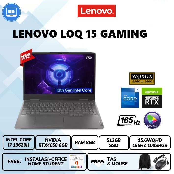 Laptop LE loq 15 gaming rtx4050 6gb i7 13620h Ram 8gb Ssd 512gb 15&quot;