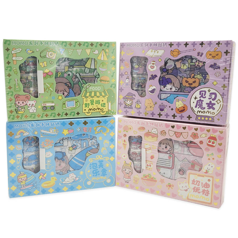 Stiker Box Mini 10 Lembar Dan 4 Roll TZ42 - Sticker Lembaran  satu set dengan Karakter Lucu, Keren dan Menarik Motif Kartun Korea Box PVC Anti Air RANDOM