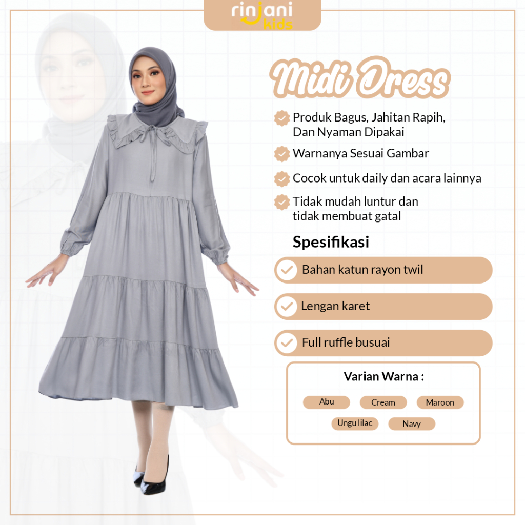 Midi Dress Gamis Wanita Perempuan Long Dres Polos Kekinian Baju Tanggung Korean Style Fashion Muslimah