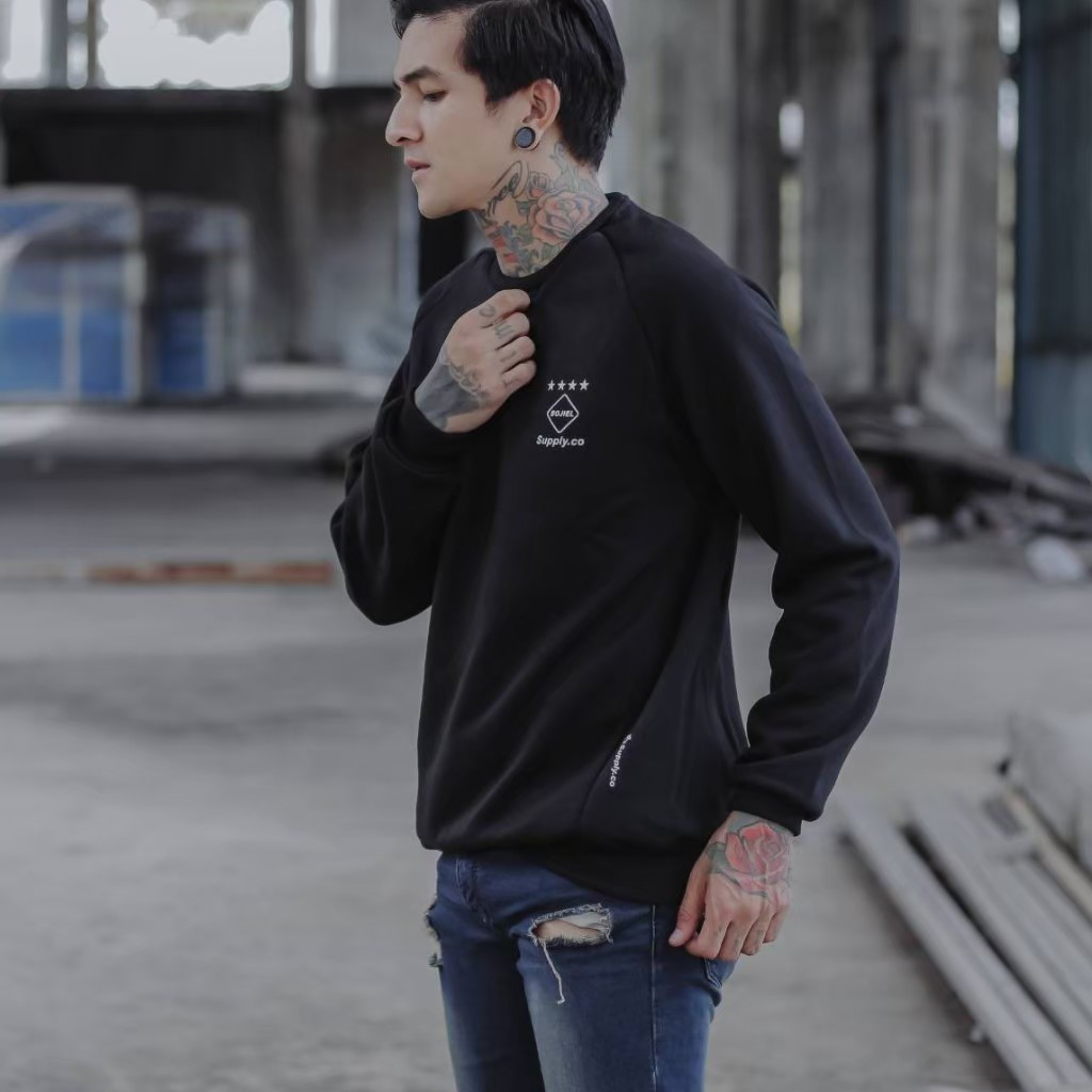 SWEATER CREWNECK cowok Sweatshirt Pria BOJIEL Hitam Polos seri BJSL141