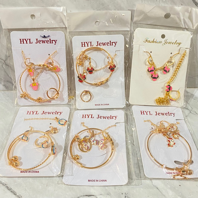 PERHIASAN SET KALUNG ANTING GELANG CINCIN ANAK MOTIF HELLO KITTY MINNIE DORAEMON UNICORN