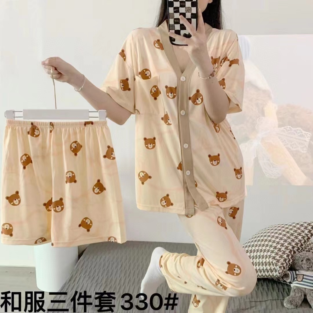 3 IN 1 STELAN BAJU PIYAMA WANITA IMPORT LENGAN PENDEK CELANA PANJANG