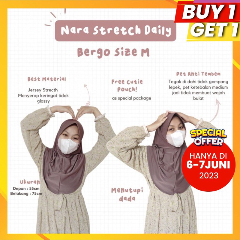 Nara Daily Stretch Bergo size M (Menutup dada) • Bergo Jersey Premium untuk Sekolah dan Olahraga