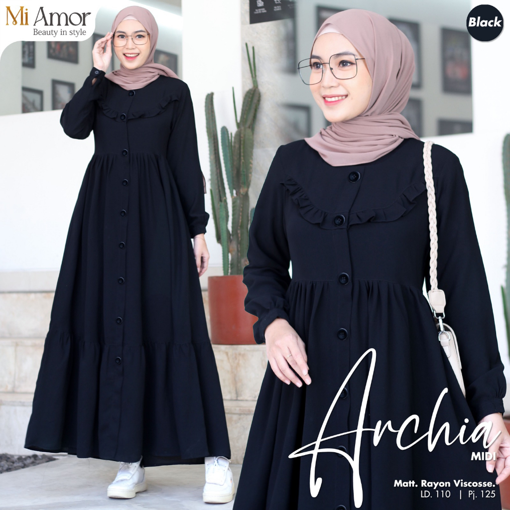 Archia Midi Dress Gamis Muslim Rayon Viscouse Premium Original Produk By Moira