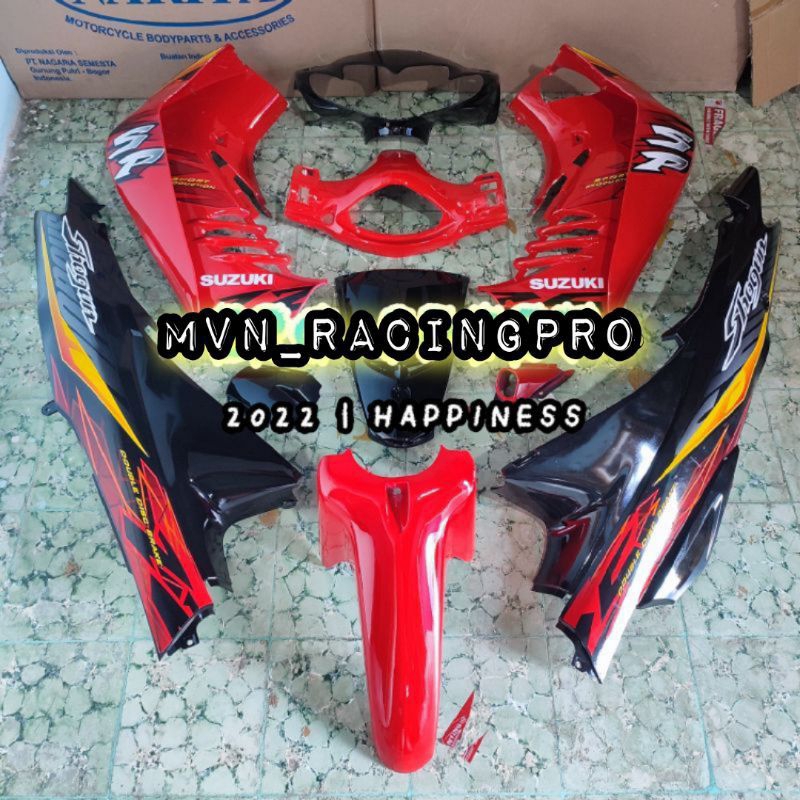 Paket cover body bodi dek fullset SUZUKI SHOGUN 125 SP LAMA OLD warna merah hitam plus sticker kuali