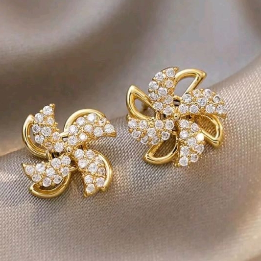 Anting Wanita Pesta model Tusuk Baling Baling Permata - Anting Korea Pesta Emas Silver Cantik Mewah