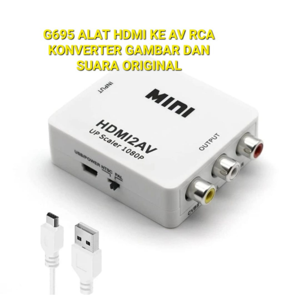 G695 ORI HDMI AV RCA converter convert video audio signal MINI mengkonversi mentransfer perangkat GAMBAR komputer laptop media player TV PROYEKTOR DVD RECORDER NTSC PAL TABUNG ORIGINAL ASLI MURNI warna OUTPUT INPUT  GARANSI UANG KEMBALI JIKA PRODUK TIDAK