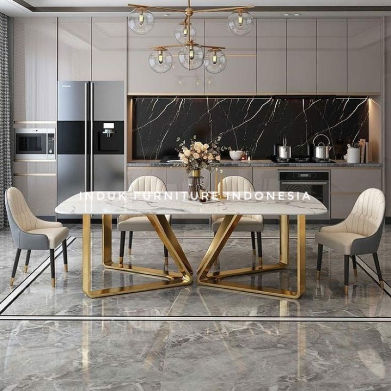 SET MEJA MAKAN MODERN STAINLESS GOLD 4 KURSI