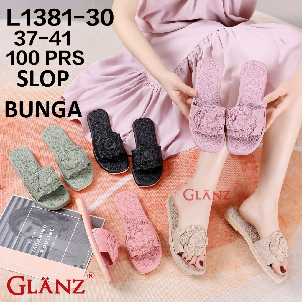 Sandal Slop Flat Wanita Bunga Import Jelly Lentur Glanz Murah