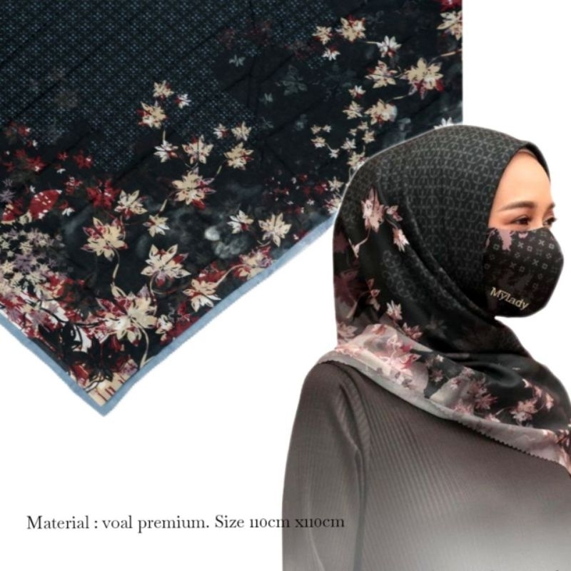 hijab segiempat motif bunga warna hitam