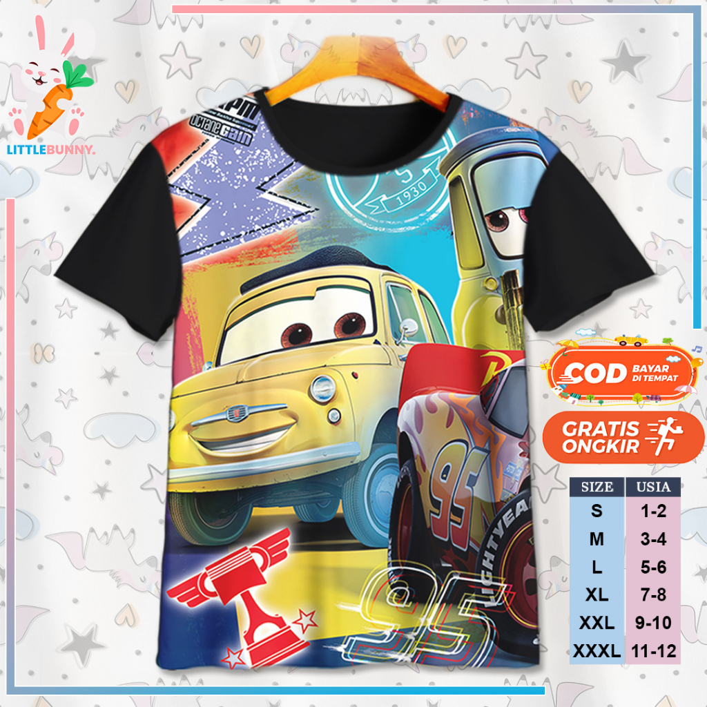 BAJU KAOS ANAK KARTUN 3D DISNEY CARS MCQUEEN V21 / KAOS ANAK 3D CARS MCQUEEN - LITTLE BUNNY