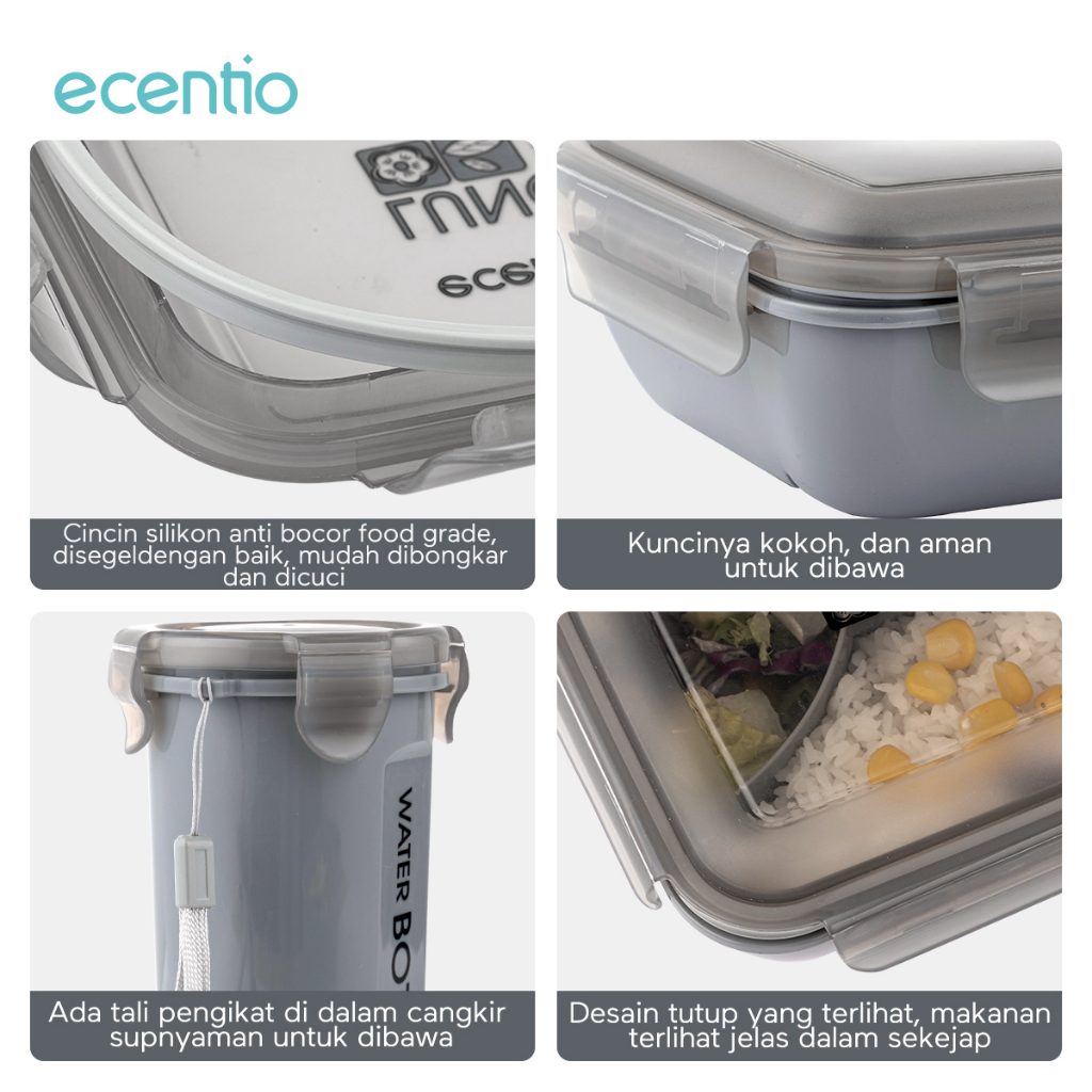 ecentio &amp; FOODI  lunch box anak 4 Sekat 1100ml set botol tumbler minum 500ml piknik karakter tas bekal makanan Alumunium 3pcs/Free Sendok/BPA free